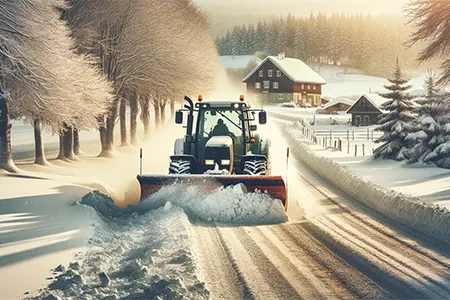 A winter landscape featuring a tractor with a snow plow attachment, clearing snow from a rural road